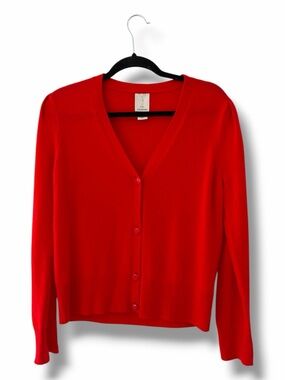 Joie Bright Red Cashmere Cardigan Puff Sleeve Sweater Classic Minimal Size Large